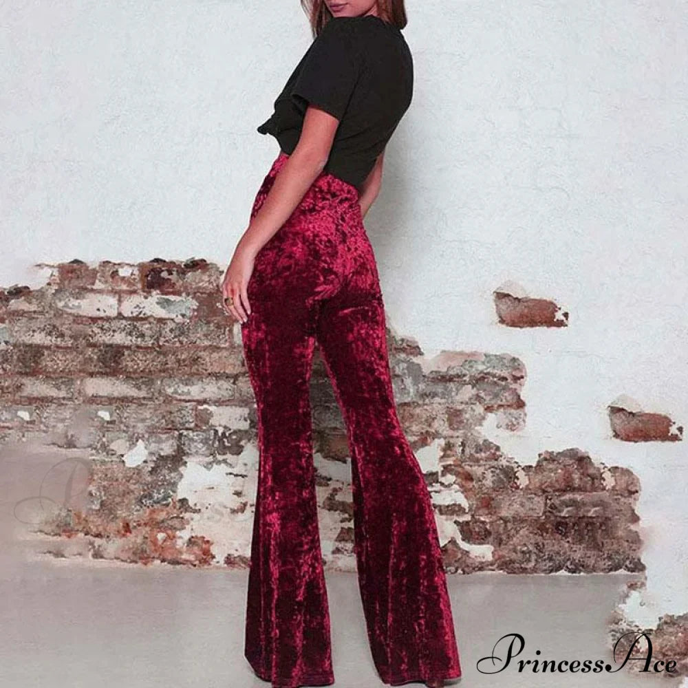 High Waist Velvet Wide Leg Velour Flare Pants image 6