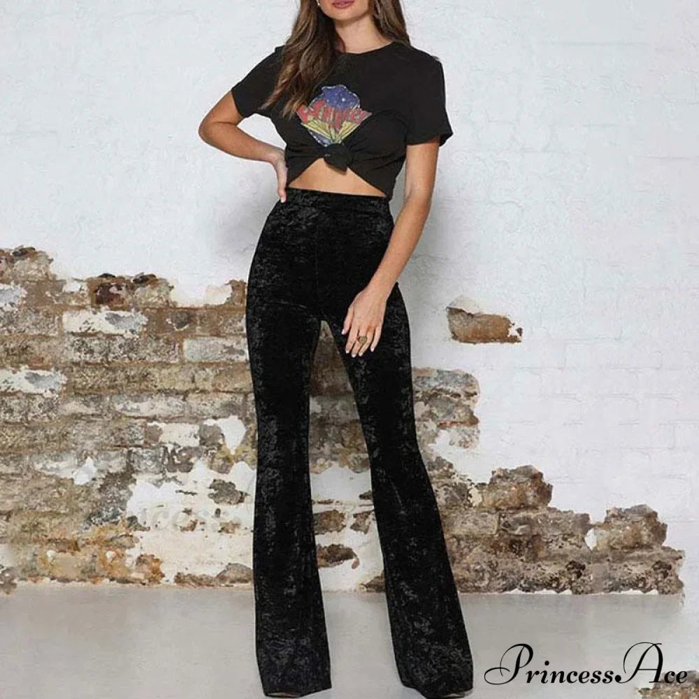 High Waist Velvet Wide Leg Velour Flare Pants image 1