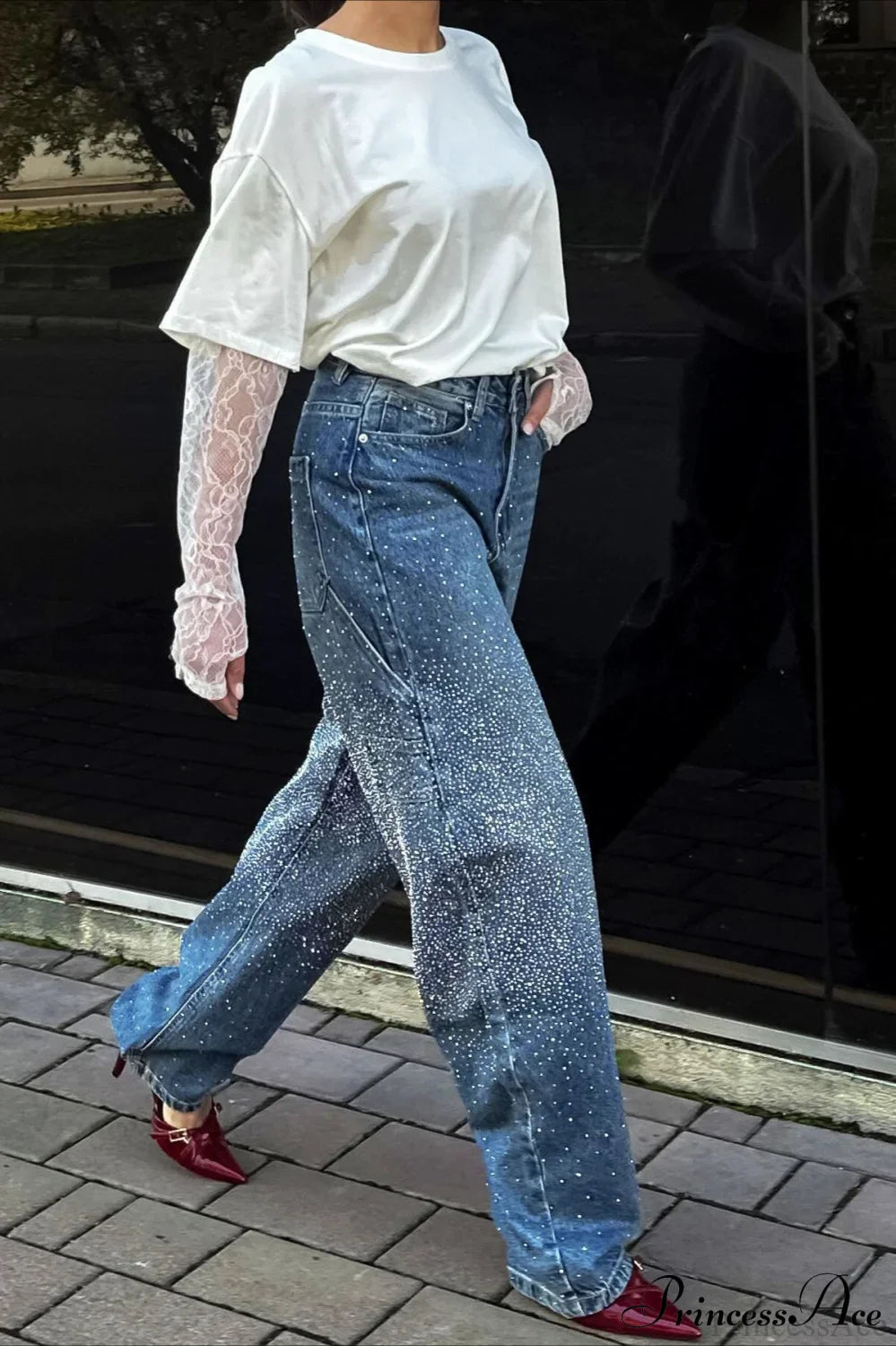 High Waisted Allover Rhinestone Straight Leg Jeans image 3