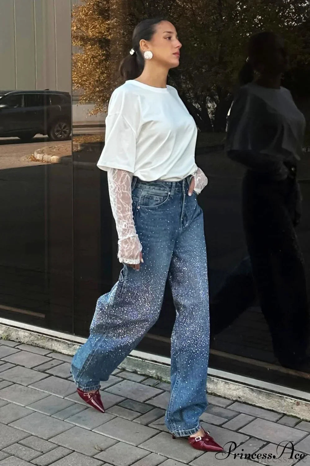 High Waisted Allover Rhinestone Straight Leg Jeans image 2