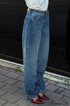High Waisted Allover Rhinestone Straight Leg Jeans image 1