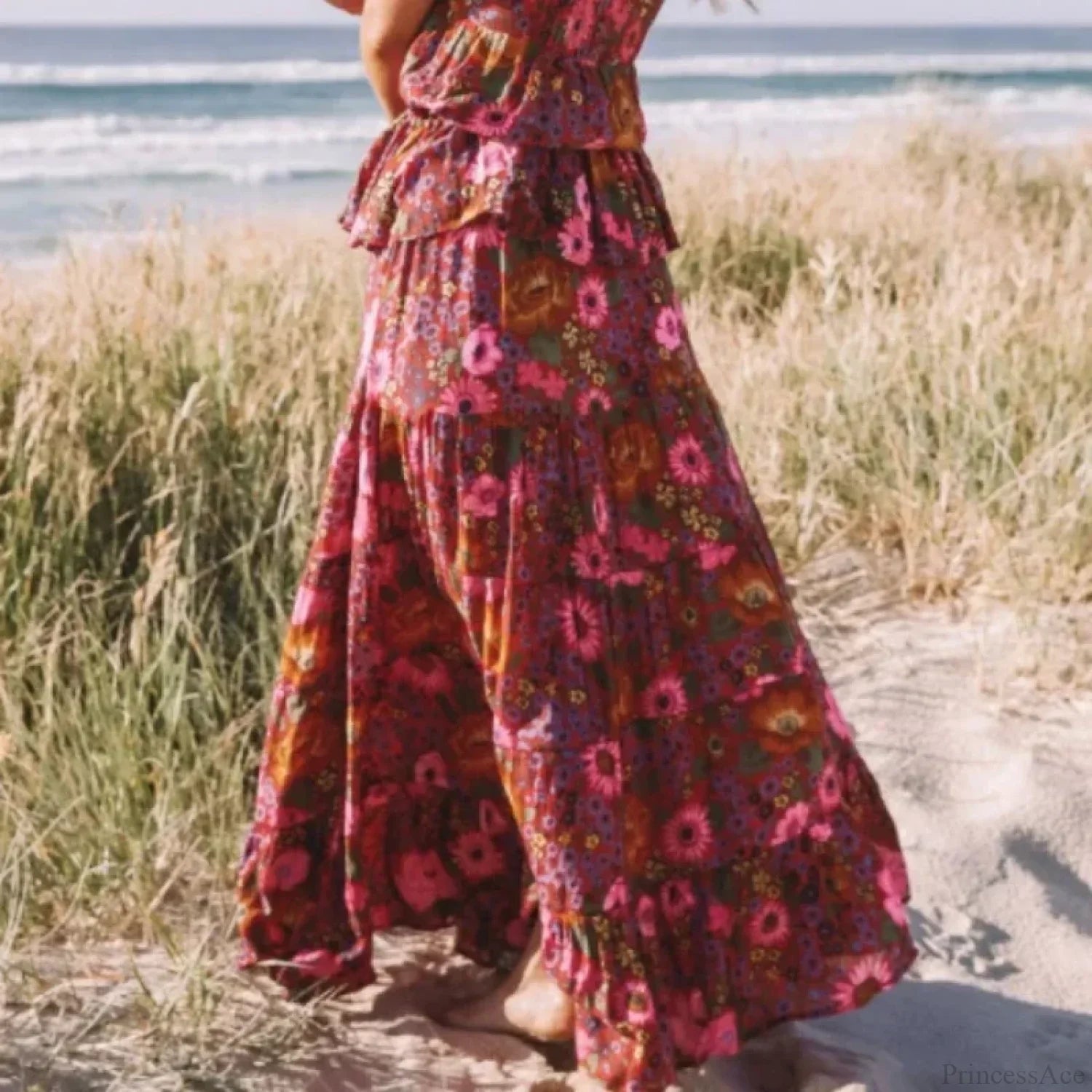 Hippie Fashion Women Beach Bohemian Red Floral A-Line Boho Skirt image 2