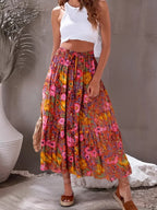 Hippie Fashion Women Beach Bohemian Red Floral A-Line Boho Skirt image 1