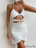 Hollew Out Lace Up Bodycon Mini Sleeveless Open Back Pleated Hip Wrap Ruffle Cut Out Dress image 6