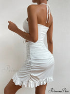 Hollew Out Lace Up Bodycon Mini Sleeveless Open Back Pleated Hip Wrap Ruffle Cut Out Dress image 2