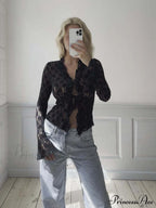 Hollow Fashionable See-Through Mesh Long-Sleeved Women's Lace Top/Cardigan/Blouse image 2
