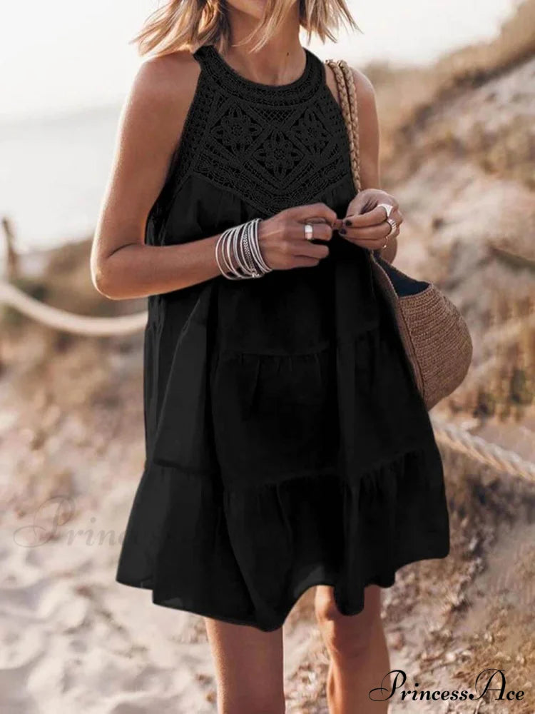 Hollow Lace Patchwork Charming Halterneck A-Line Mini Dress image 2