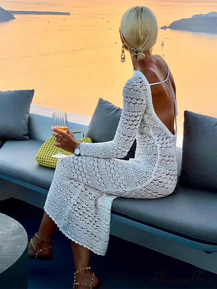 Hollow Out Backless Knitted Fashion Long Sleeve Lace Up Mix Midi Dress image 4