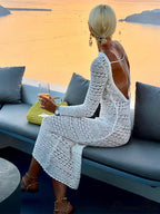 Hollow Out Backless Knitted Fashion Long Sleeve Lace Up Mix Midi Dress image 4