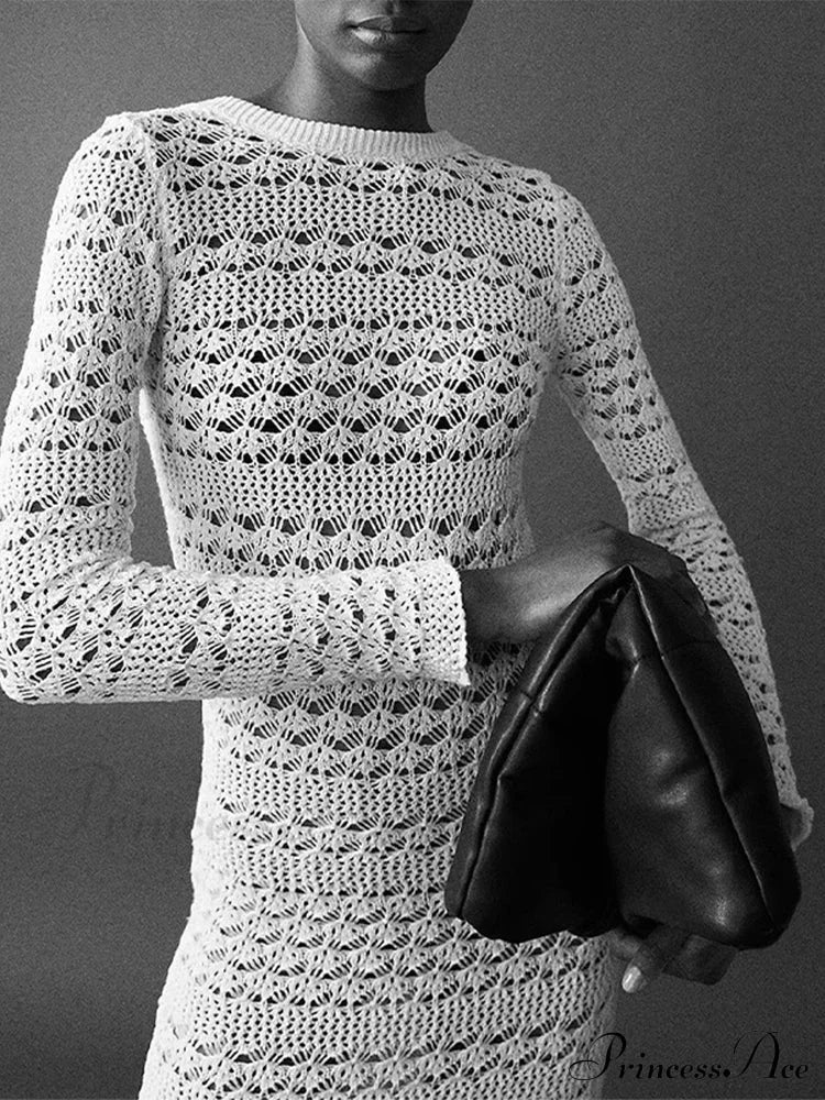 Hollow Out Backless Knitted Fashion Long Sleeve Lace Up Mix Midi Dress image 6