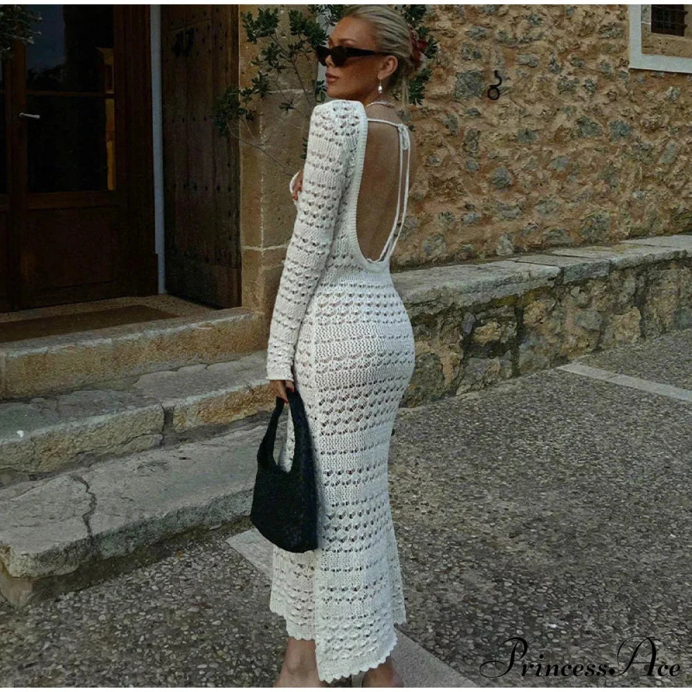 Hollow Out Backless Knitted Fashion Long Sleeve Lace Up Mix Midi Dress image 7