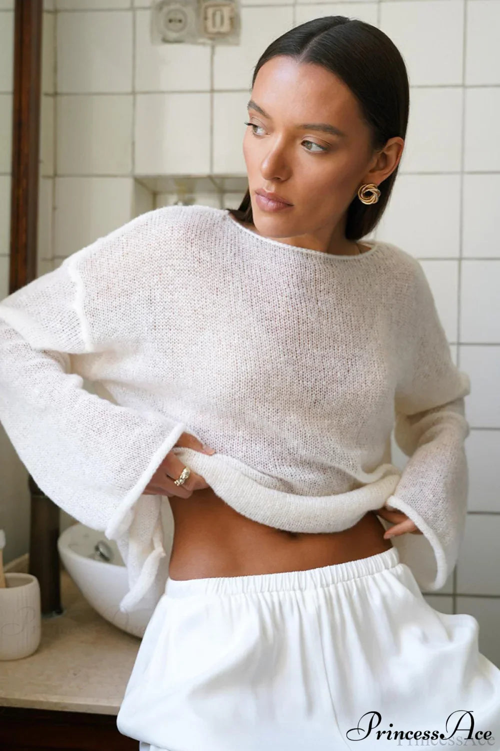 Hollow Out Bell Sleeve Knit Sweater image 3