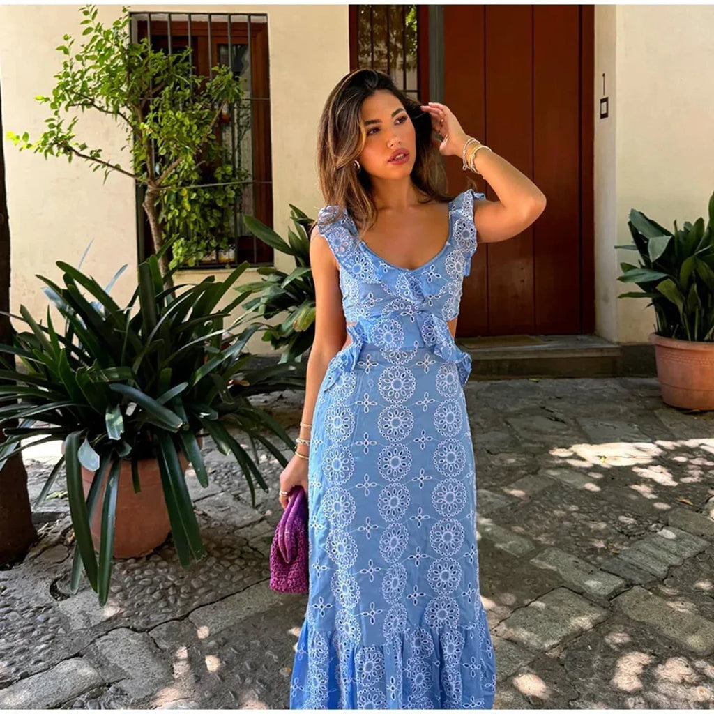 Hollow Out Embroidery Backless Ruffle Maxi Dress image 7