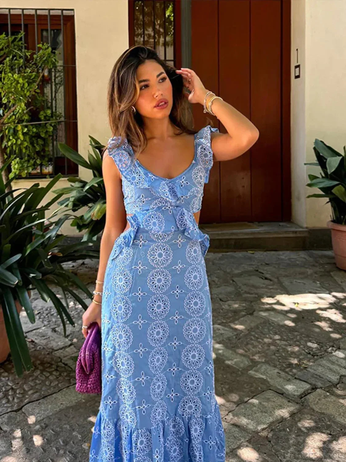 Hollow Out Embroidery Backless Ruffle Maxi Dress image 4