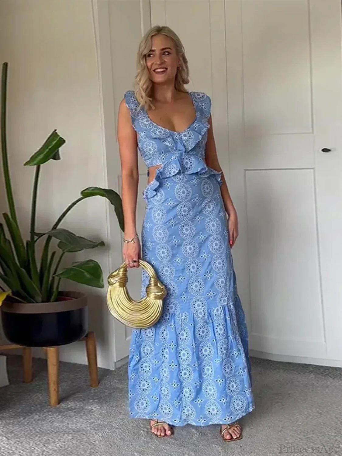 Hollow Out Embroidery Backless Ruffle Maxi Dress image 6
