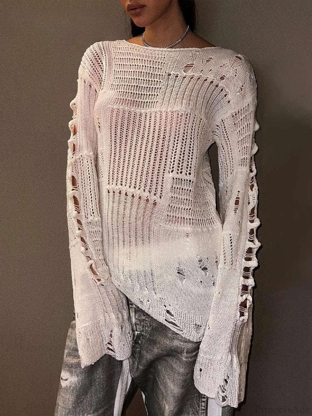 Hollow Out Loose O-Neck Long Sleeve Knitted Pullover Sweater image 1