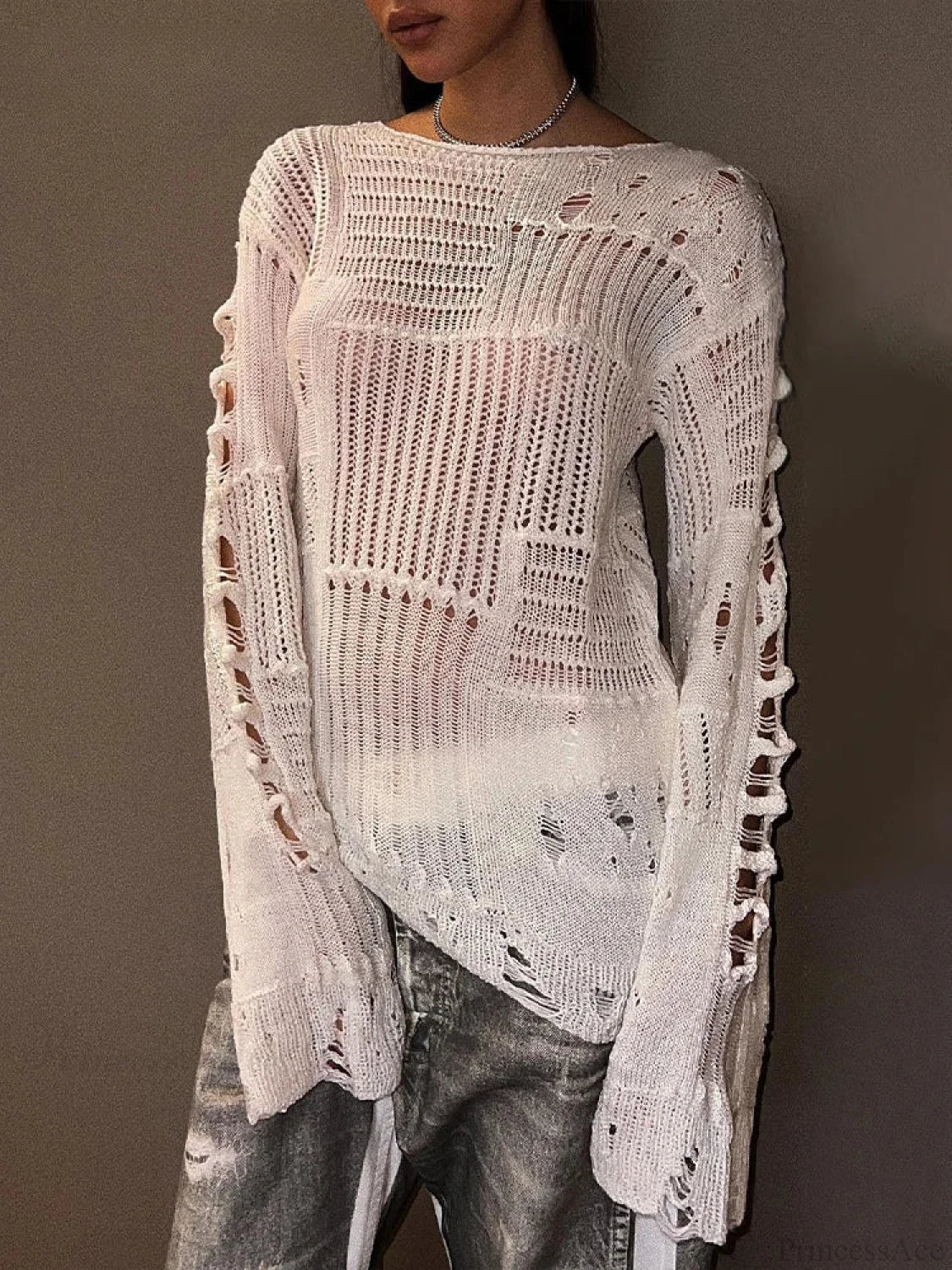 Hollow Out Loose O-Neck Long Sleeve Knitted Pullover Sweater image 1
