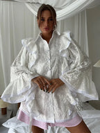 Hollow Out Lotus Leaf Edge White Blouse image 3