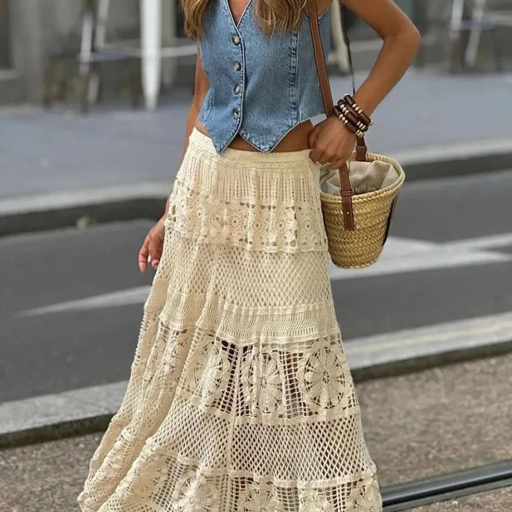 Hollow Out Maxi Skirt Solid Color A-line Hook Romantic Holiday image 2