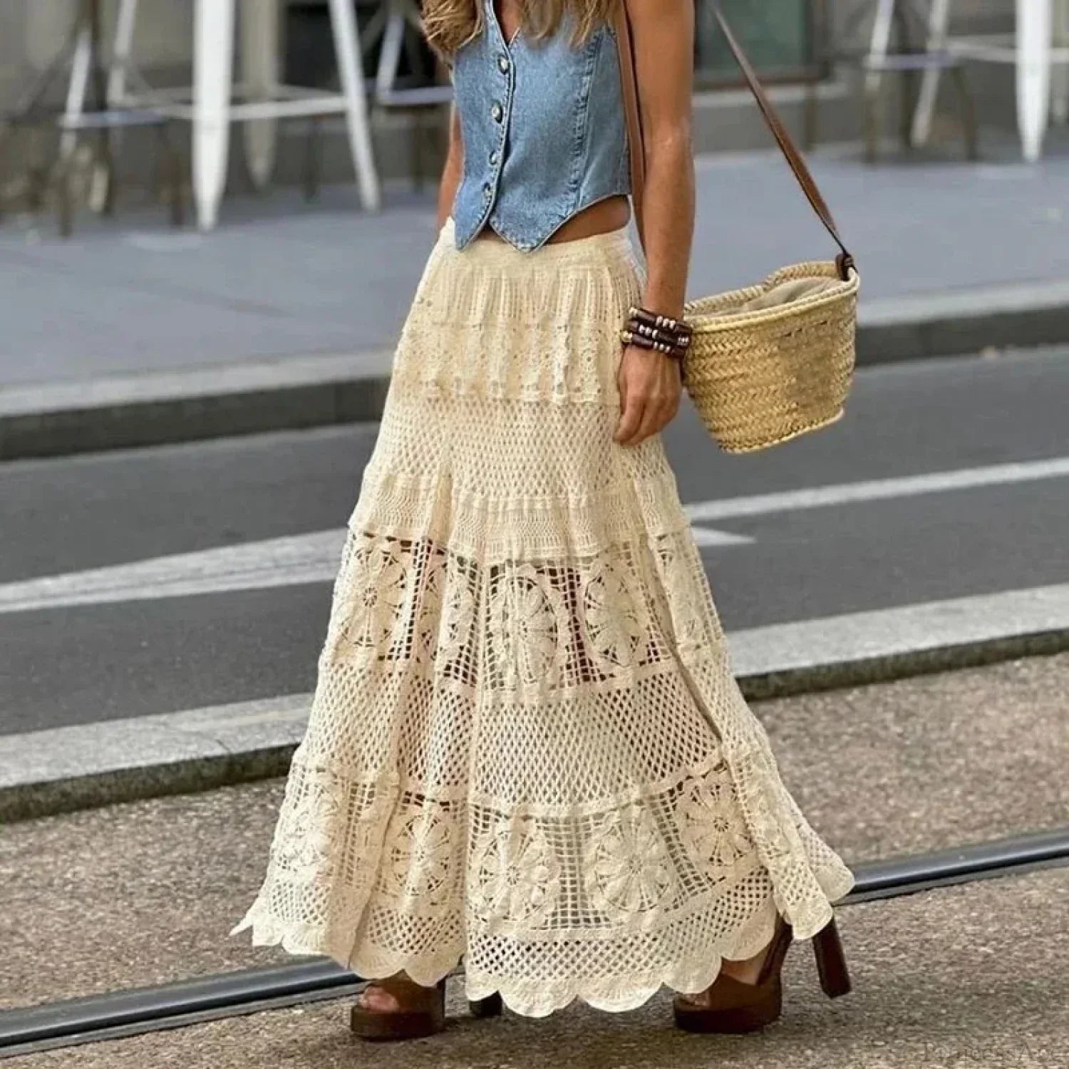 Hollow Out Maxi Skirt Solid Color A-line Hook Romantic Holiday image 1