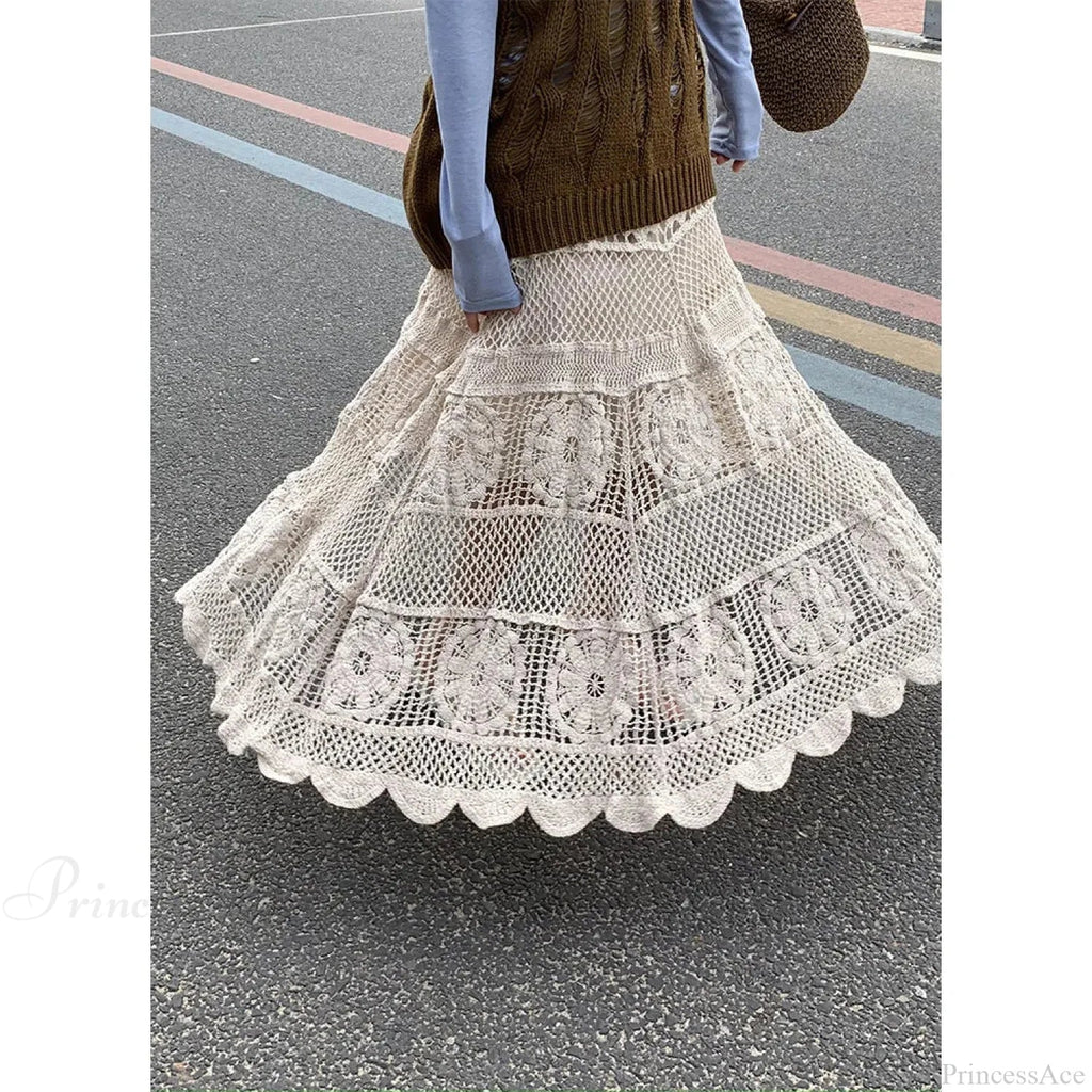 Hollow Out Maxi Skirt Solid Color A-line Hook Romantic Holiday image 5