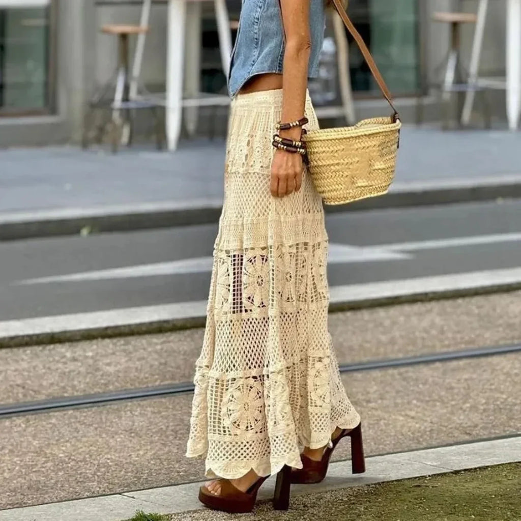 Hollow Out Maxi Skirt Solid Color A-line Hook Romantic Holiday image 3