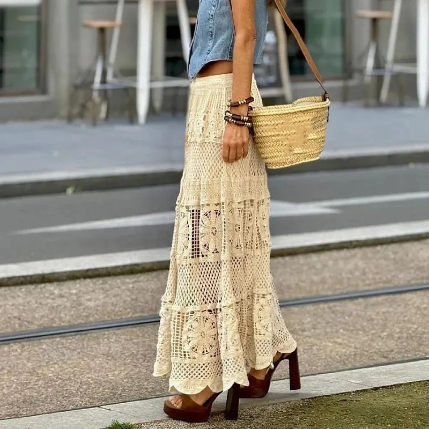 Hollow Out Maxi Skirt Solid Color A-line Hook Romantic Holiday image 3