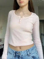Hollow Out Pink Long Sleeve Sexy Slim Top Knit Top image 2