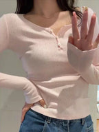 Hollow Out Pink Long Sleeve Sexy Slim Top Knit Top image 1