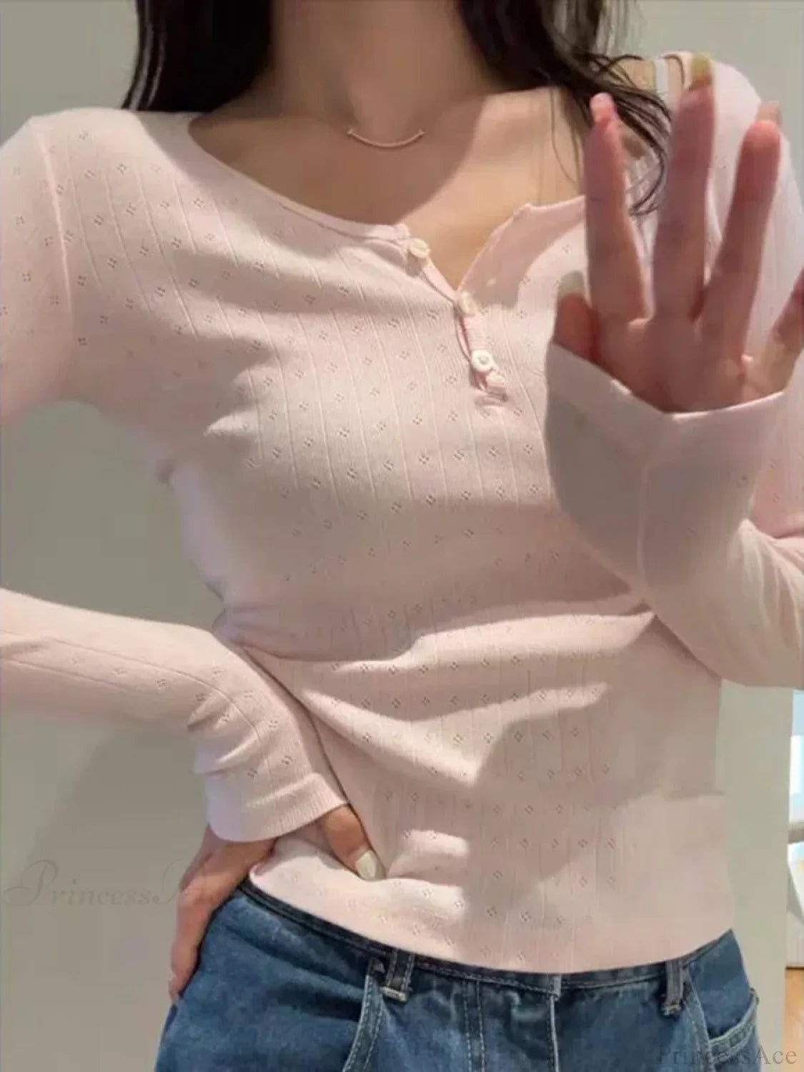 Hollow Out Pink Long Sleeve Sexy Slim Top Knit Top image 1