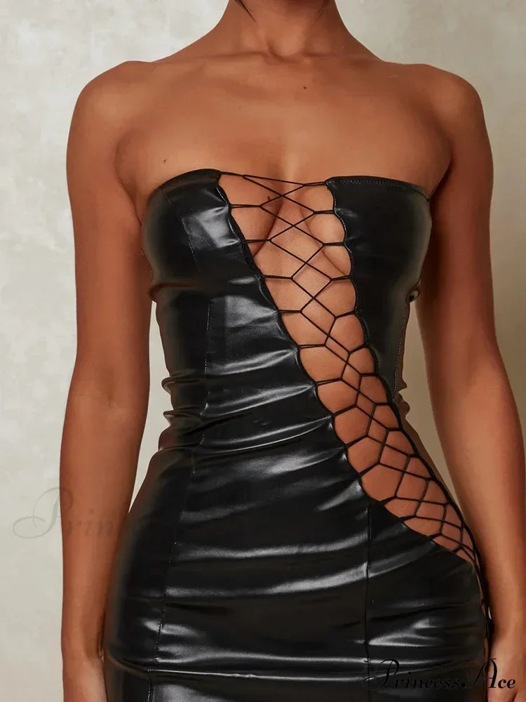 Hollow Out PU Leather Strapless Sleeveless Bodycon Party Short Mini Dress image 1