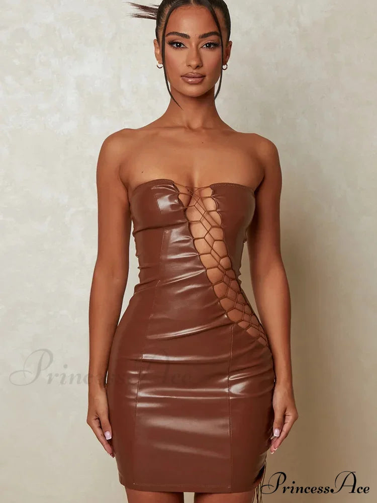 Hollow Out PU Leather Strapless Sleeveless Bodycon Party Short Mini Dress image 2