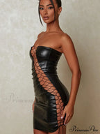 Hollow Out PU Leather Strapless Sleeveless Bodycon Party Short Mini Dress image 4