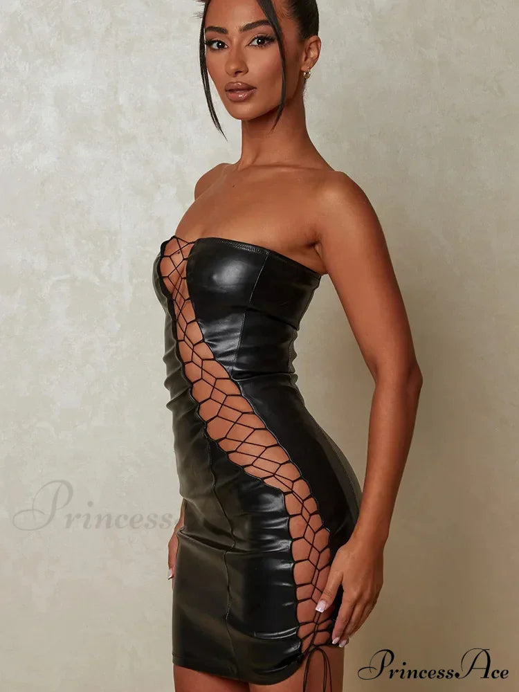 Hollow Out PU Leather Strapless Sleeveless Bodycon Party Short Mini Dress image 4