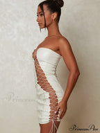 Hollow Out PU Leather Strapless Sleeveless Bodycon Party Short Mini Dress image 6