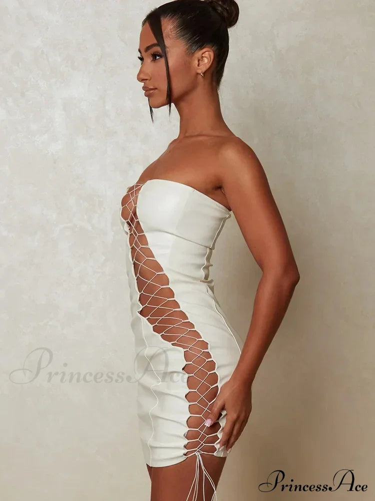 Hollow Out PU Leather Strapless Sleeveless Bodycon Party Short Mini Dress image 6