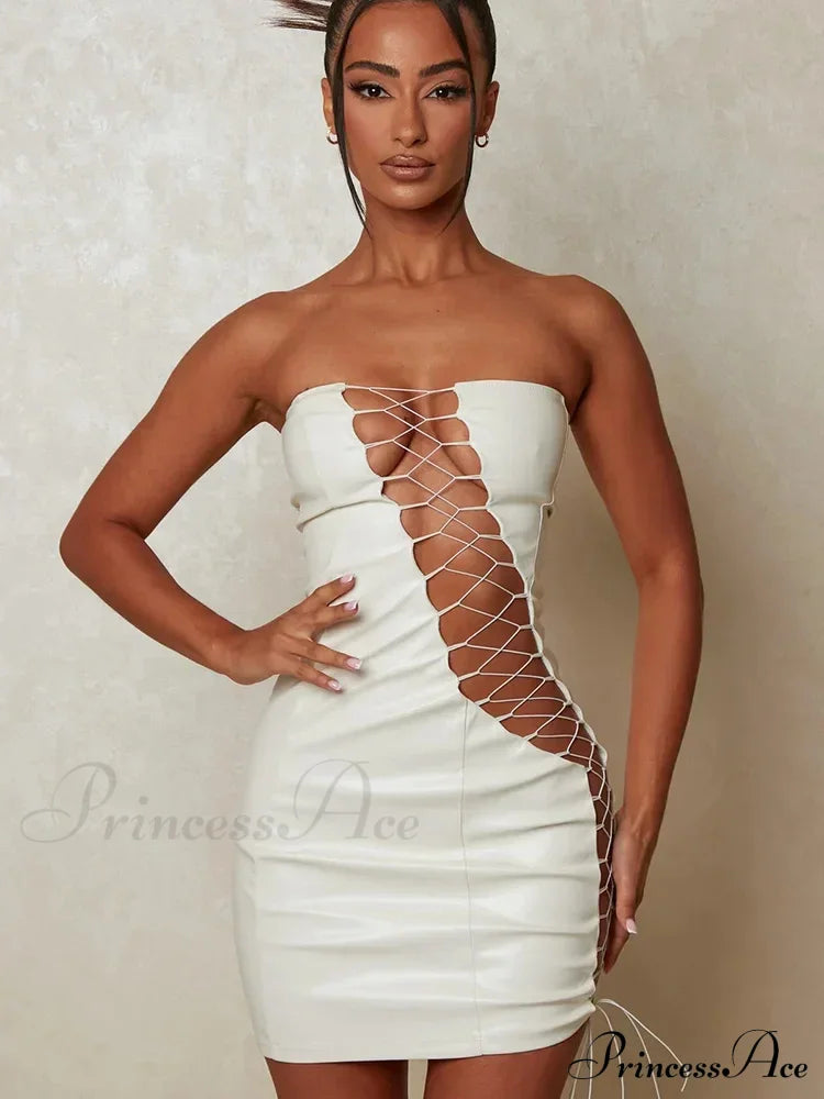 Hollow Out PU Leather Strapless Sleeveless Bodycon Party Short Mini Dress image 5