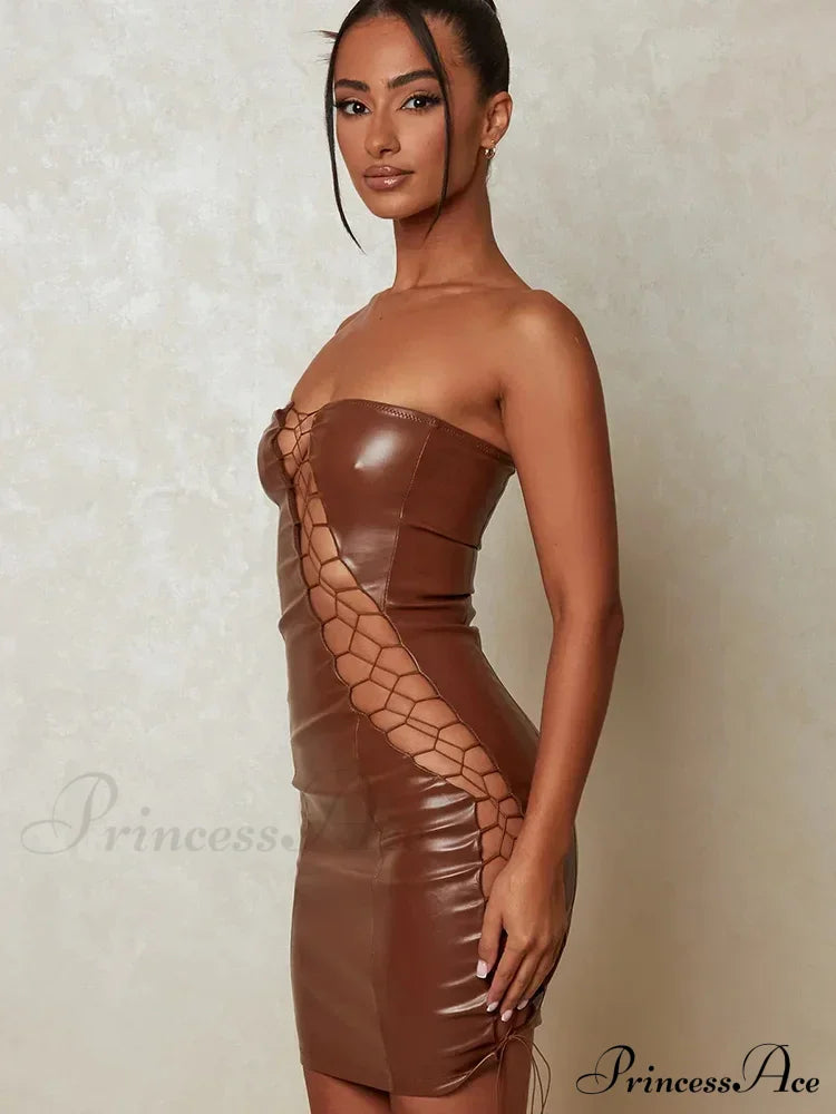 Hollow Out PU Leather Strapless Sleeveless Bodycon Party Short Mini Dress image 3