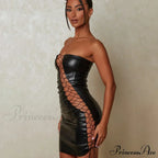 Hollow Out PU Leather Strapless Sleeveless Bodycon Party Short Mini Dress image 8