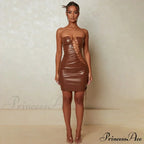 Hollow Out PU Leather Strapless Sleeveless Bodycon Party Short Mini Dress image 7