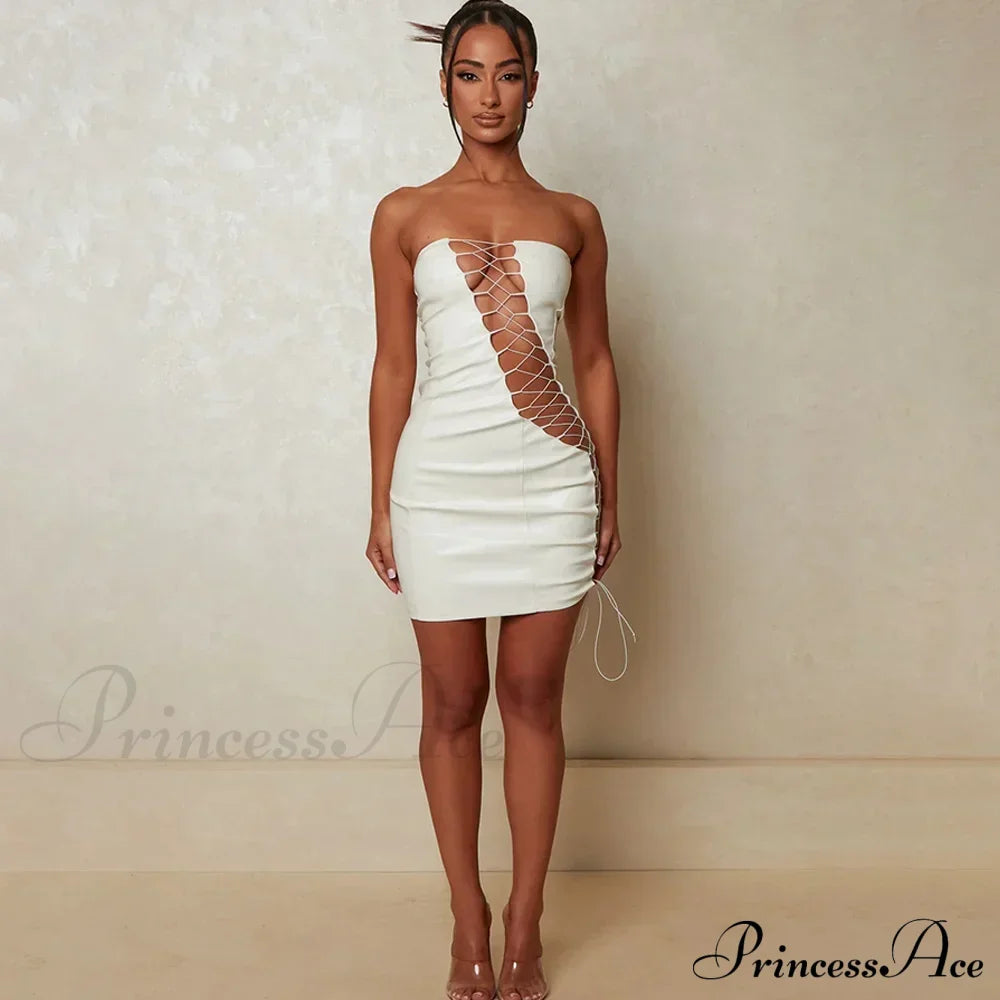 Hollow Out PU Leather Strapless Sleeveless Bodycon Party Short Mini Dress image 9