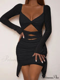 Hollow Pleated Open Shoulder Fashionable Mini Skirt Cut Out Dress image 1