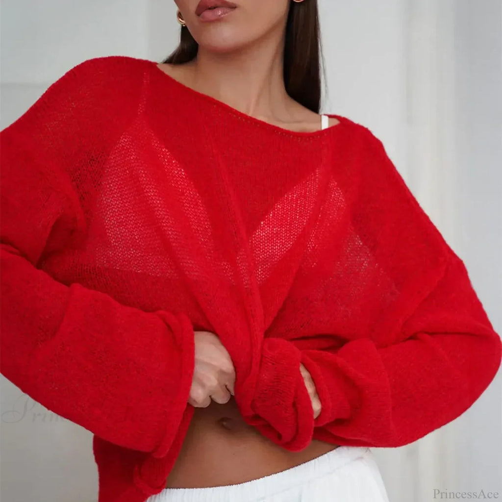 Hollow See-through O-neck Long Sleeve Sweater image 6