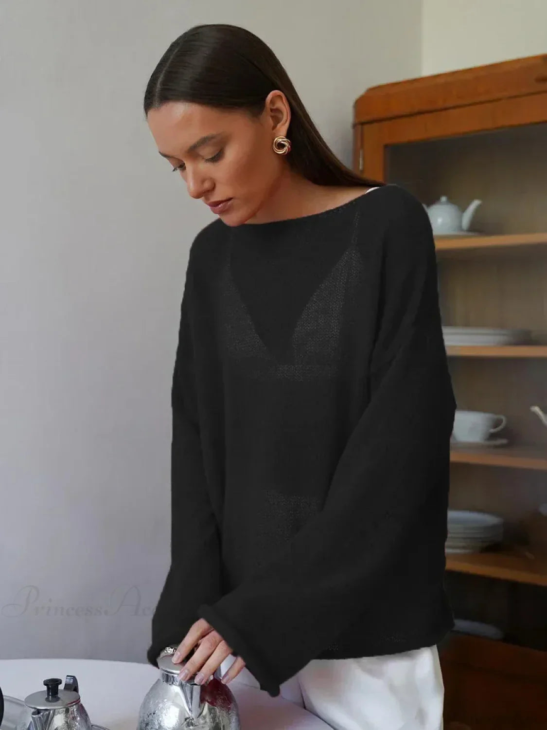 Hollow See-through O-neck Long Sleeve Sweater image 9