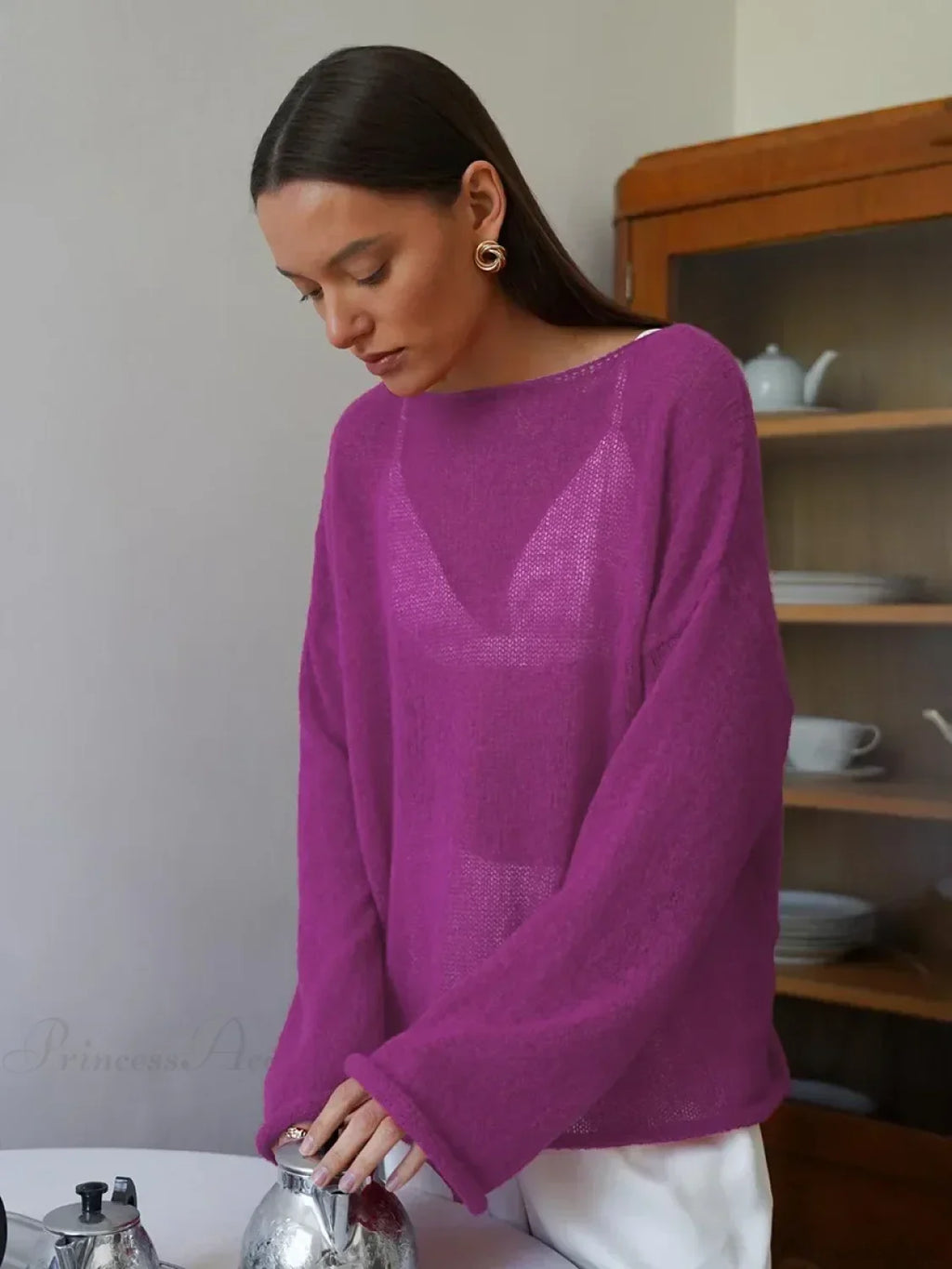 Hollow See-through O-neck Long Sleeve Sweater image 10