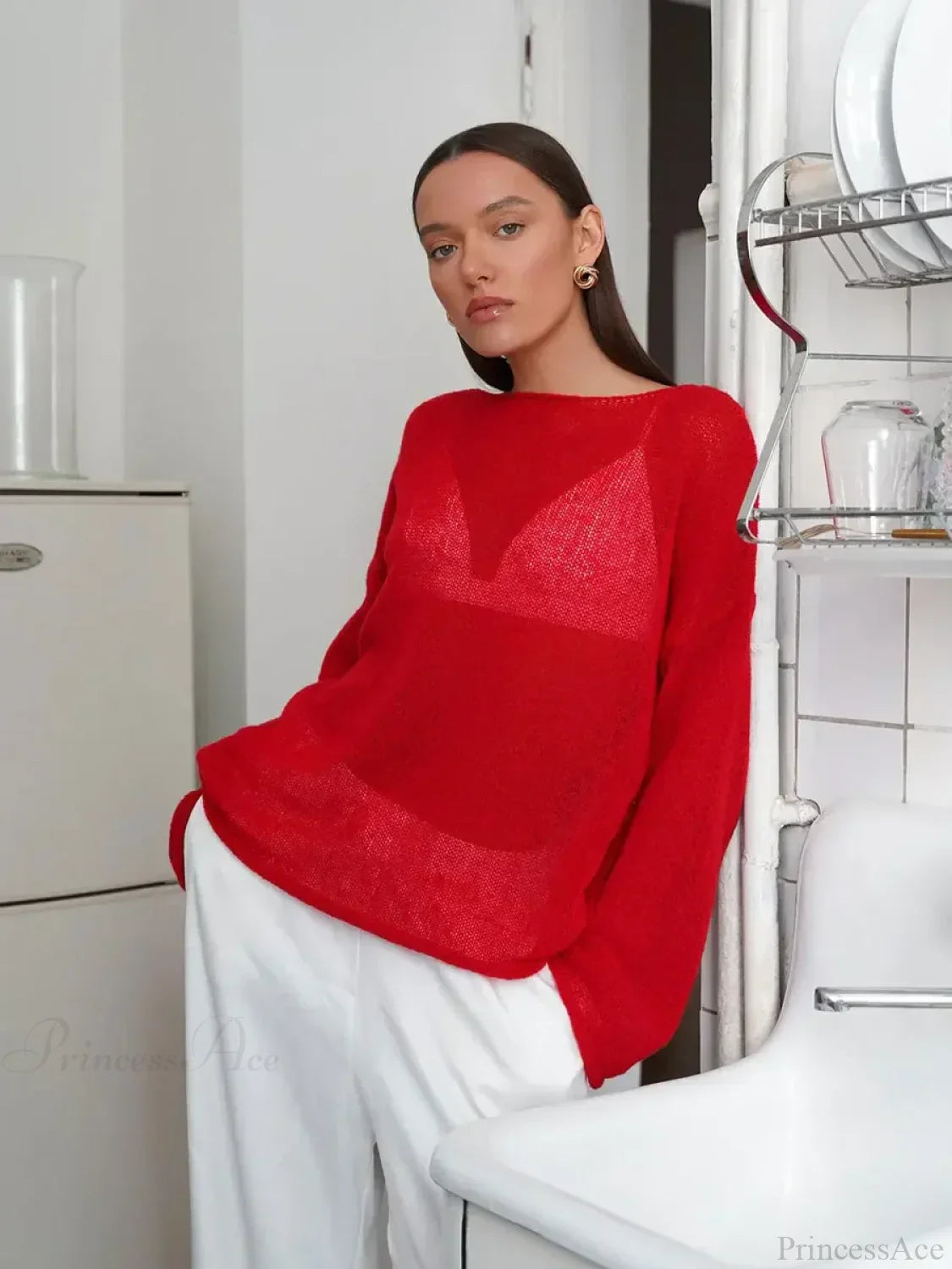 Hollow See-through O-neck Long Sleeve Sweater image 14