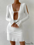Hollow V Neck Long Sleeve Open Back Lace Up Wrapping Nightclub Cut Out Dress image 1