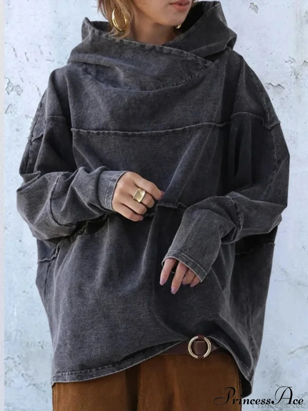 Hooded Effect Color Denim Washed Solid Sweatshirt image 3