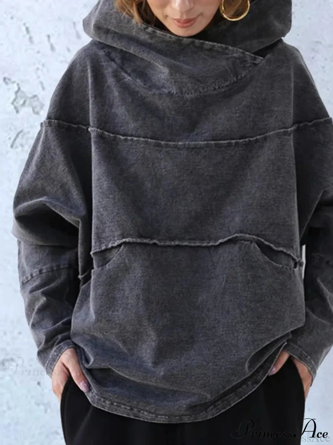Hooded Effect Color Denim Washed Solid Sweatshirt image 2