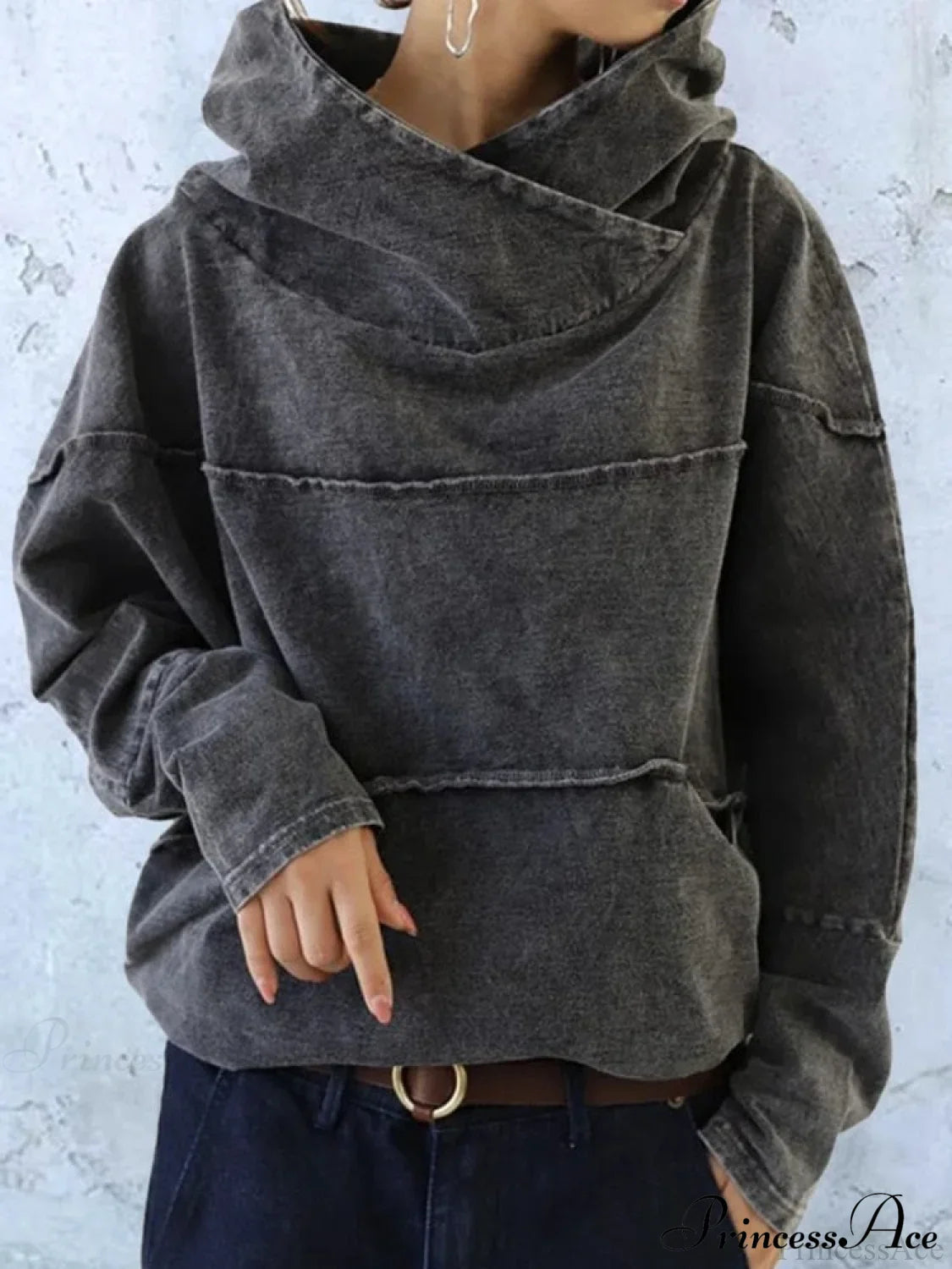 Hooded Effect Color Denim Washed Solid Sweatshirt image 1